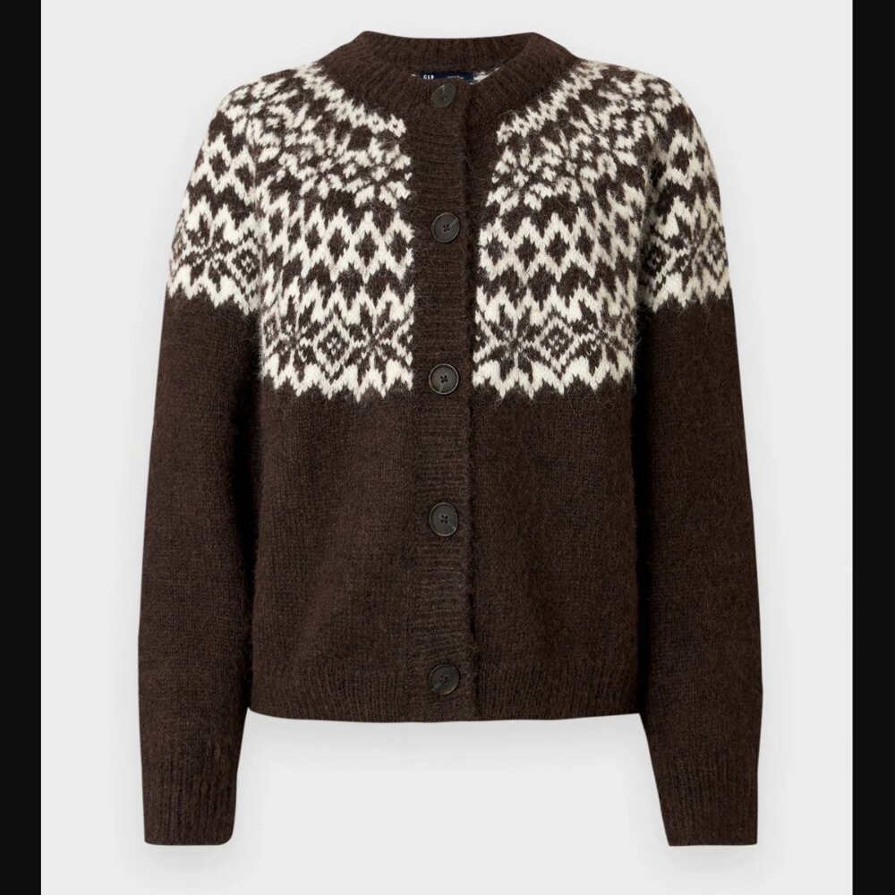 NWT Fuzzy Fair Isle Cardigan Sweater in Brown - Picture 13 of 15